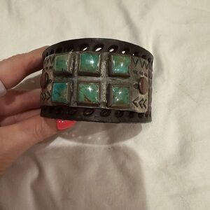 Turquoise and Brown Leather Cuff Bracelet